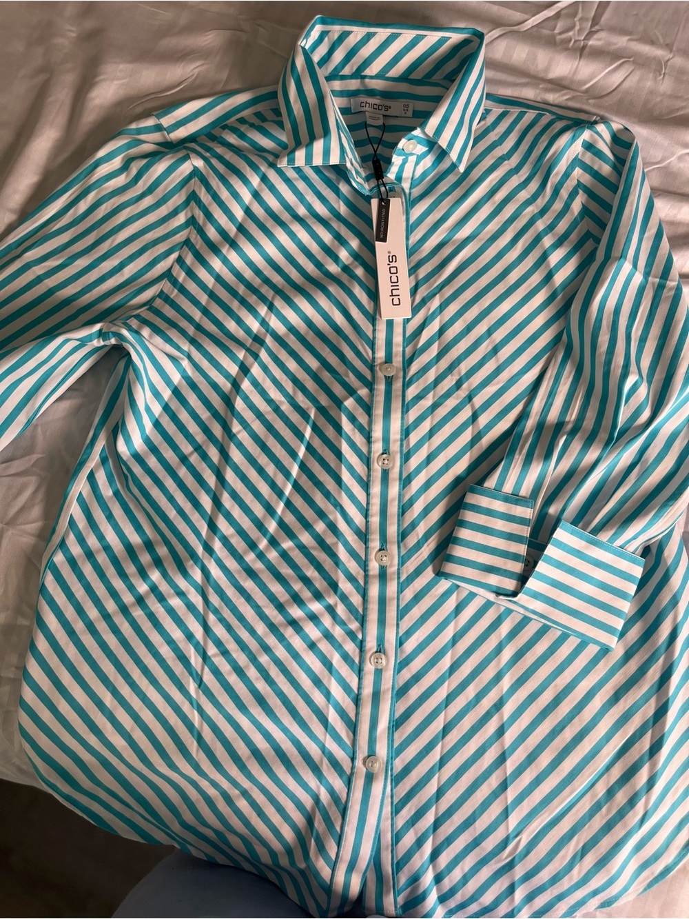 Chico's Teal and White Diagonal Stripe Shirt